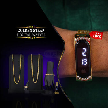 2 Golden Chain + Bracelet + Diamond Ring + Free Digital Watch (2GCBRW12)