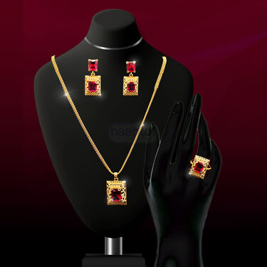 Golden Chain + Square Pendant with Stone + Matching Earring + Ring (GCPER1)