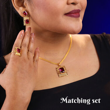 Golden Chain + Square Pendant with Stone + Matching Earring + Ring (GCPER1)