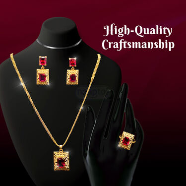 Golden Chain + Square Pendant with Stone + Matching Earring + Ring (GCPER1)