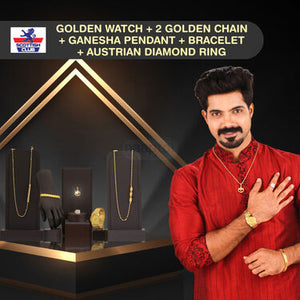 Golden Watch +2 Golden Chain + Ganesha Pendant + Bracelet + Austrian  Diamond Ring (MGW2CBRP2)